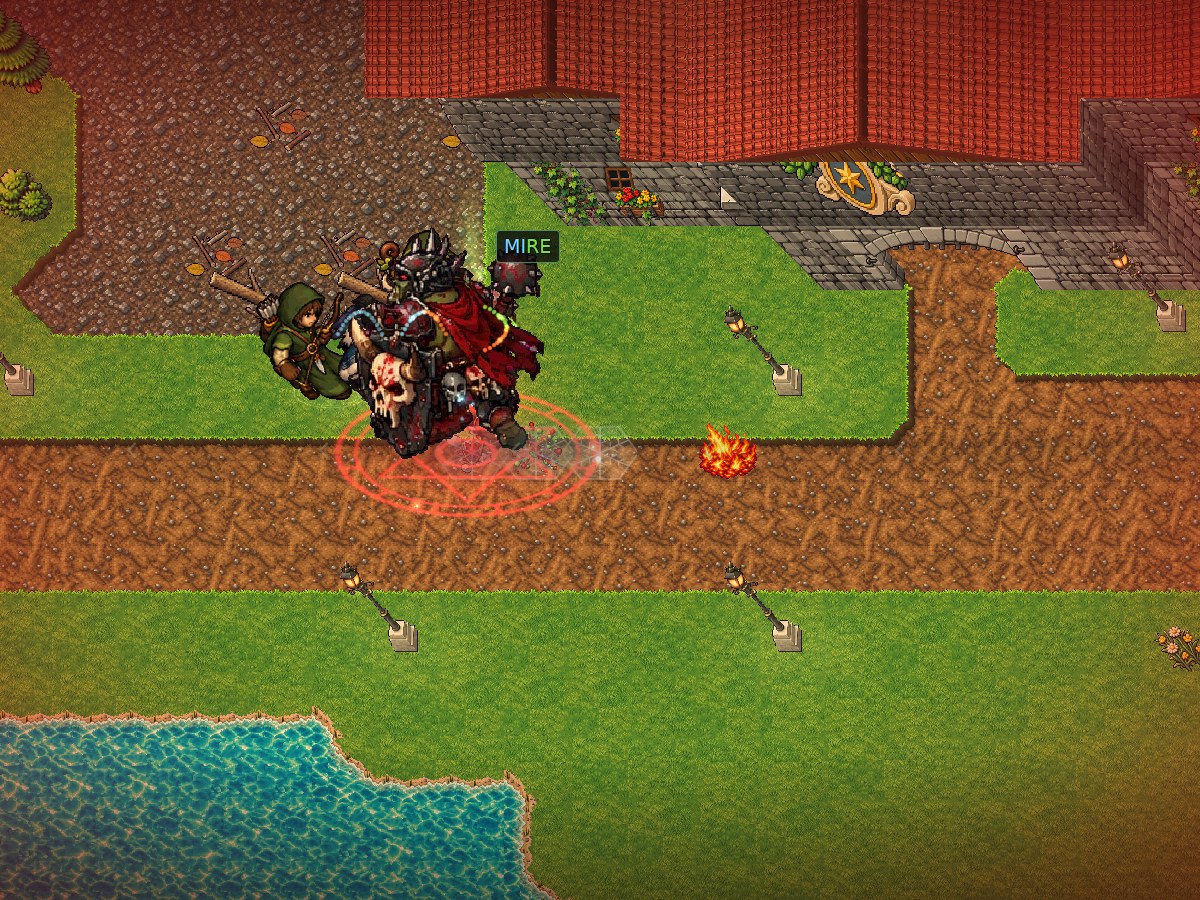 Warlord Grak on the farm road under his war banner.